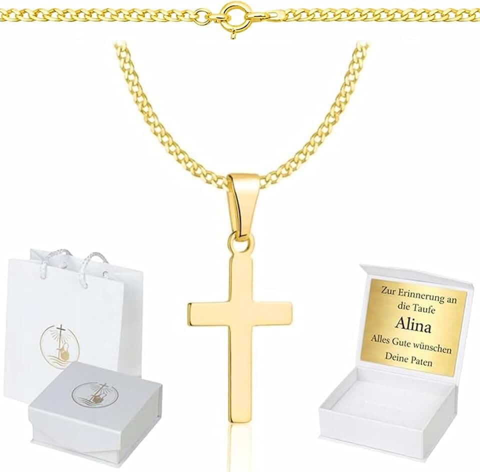 ZELYA Collana in oro con croce placcata in oro 925/585 14 carati, per ragazze e ragazzi, 45 cm, con croce, per la comunione e il battesimo, confezione regalo con incisione
