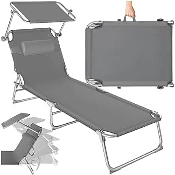 tectake® Lettino, Sedia a Sdraio con Parasole, Schienale Regolabile in 4 Posizioni, Rivestimento Resistente, Giardino, Spiaggia, Lettino da Sole, Lettino pieghevole - Grigio