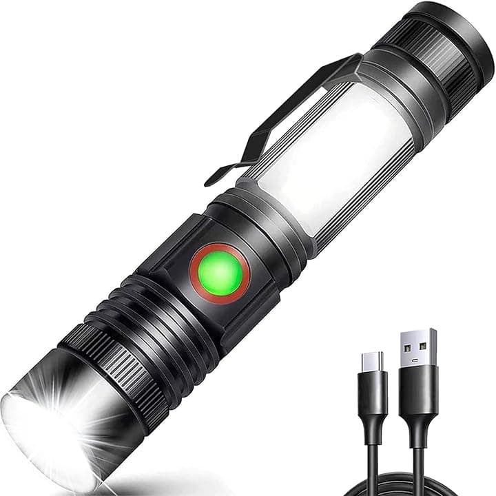 REHKITTZ Torcia LED 2000 Lumen Super Luminosa, 2500 mAh USB Ricaricabile ad Alta Capacità Portatile e Regolabile Torcia Potente, con Base Magnetica e Luce di Lavoro COB(Confezione da 1)