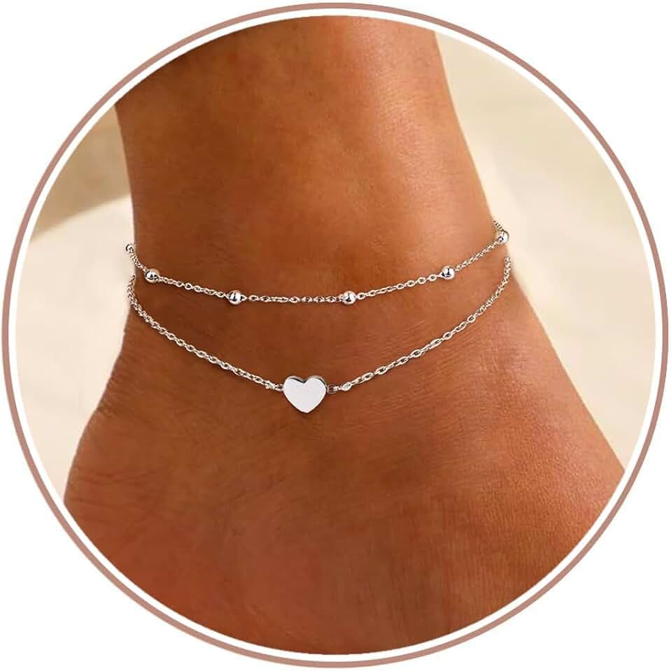 YADOCA Cavigliere Donna Argento Regolabile Farfalla Cuore Doppie Cavigliere Spiaggia Piede Gioielli Cavigliera Regali per Donne Ragazze Adolescenti (con Confezione Regalo) ClimeCo Certified
