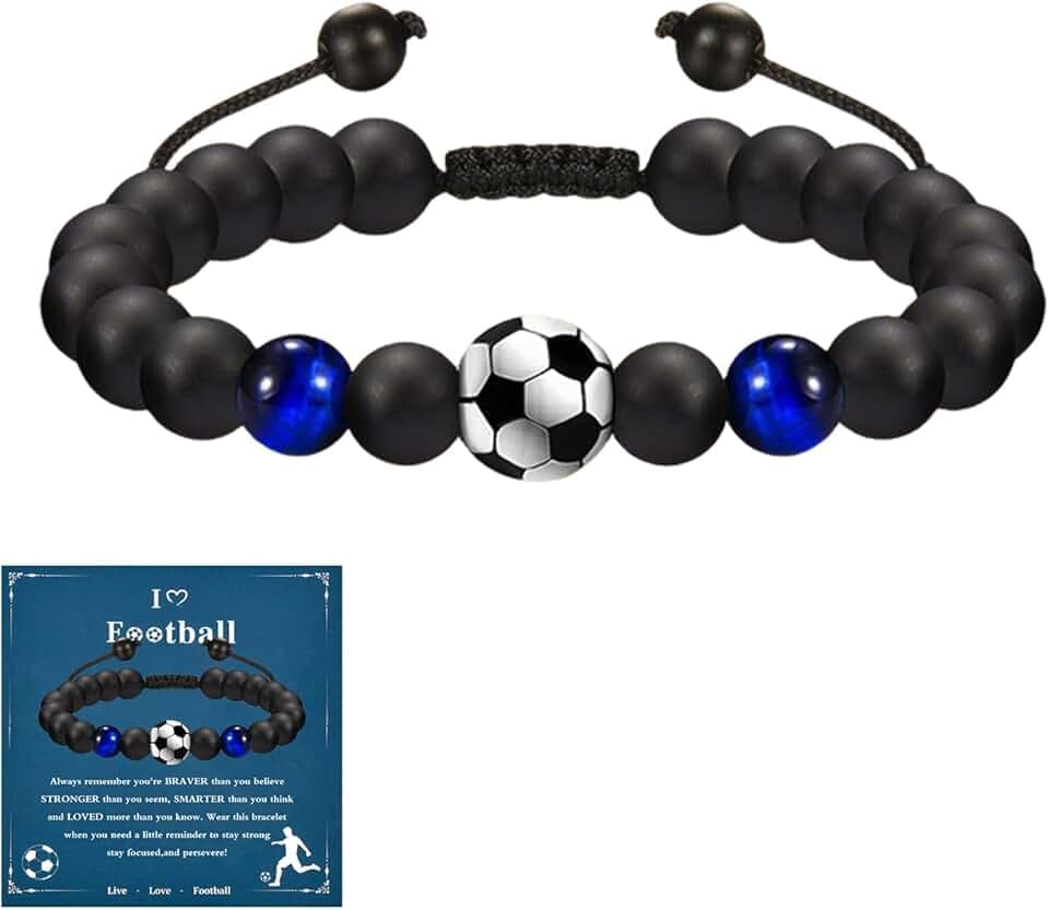 ZWWOGE Bracciale Calcio Bambino e Ragazzo 8–12 Anni, Pietre Naturali Onice e Occhio di Tigre Blu, Braccialetto Regolabile con Cartolina Motivazionale, Idea Regalo per Bambini