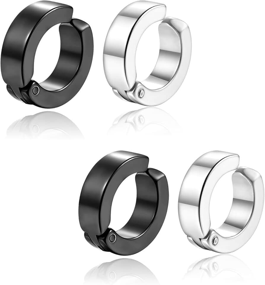 FSYXK 2 Paia Orecchini da Uomo Donna in Acciaio Inossidabile,Tondo,Colore Argento Nero,Senza Buco,Orecchini finti,Clip Senza Buco Inossidabile cerchi orecchini non piercing clip on uomo in acciaio