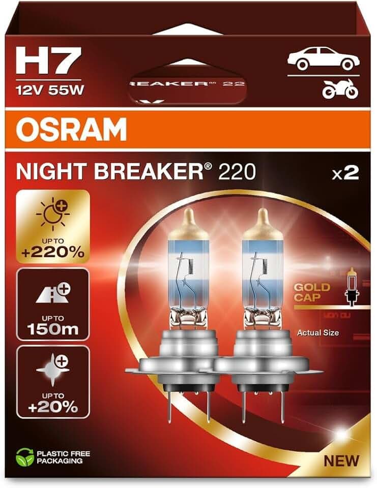 OSRAM NIGHT BREAKER 220, H7, +220% di luminosità in più, lampada faro alogena, 64210NB220-2HB, scatola pieghevole (2 lampade)