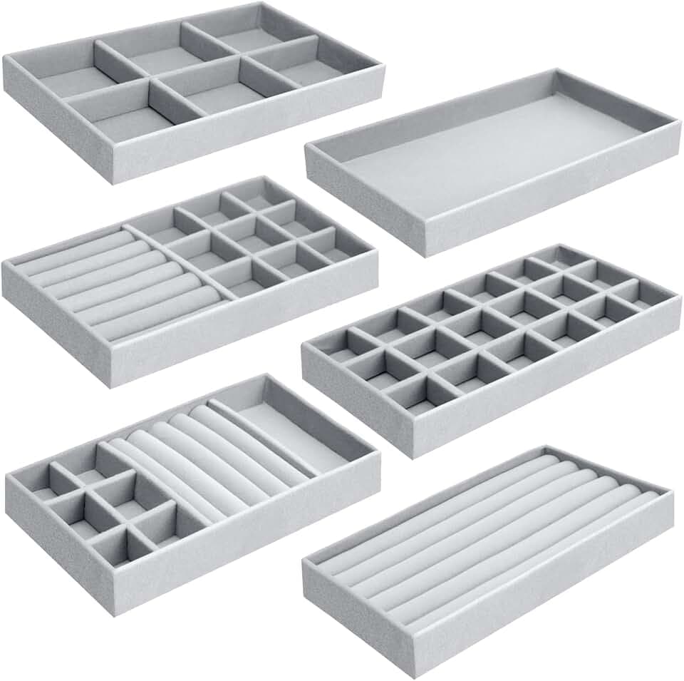 UMILKI 6 Organizzatore Grigio Vassoio Porta Gioielli, Organizer Velluto, Espositore Anelli da Cassetto per Orecchini Collane Bracciali(21*12.5 *2.5 CM)