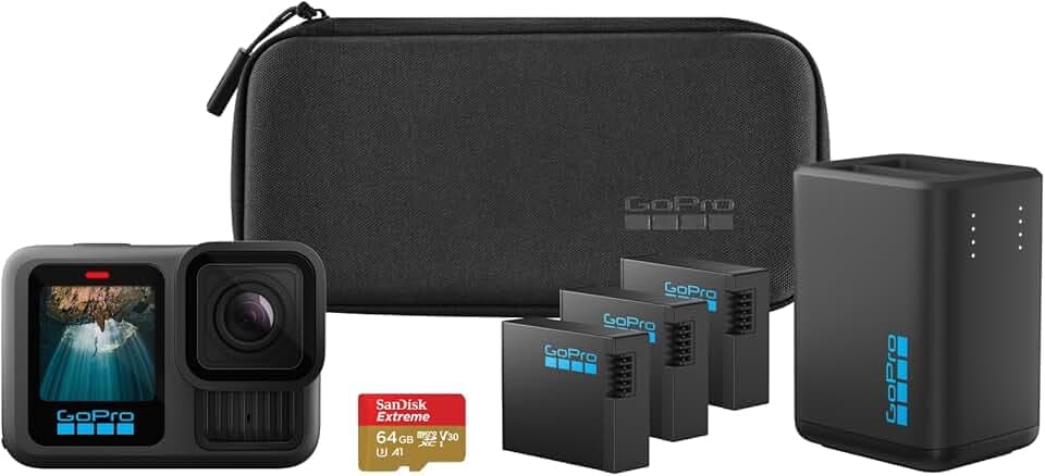 GoPro HERO13 Black Extended Power Bundle - Include caricabatteria doppio, 3 batterie Enduro, scheda microSD da 64 GB, supporto adesivo curvo e custodia per fotocamera