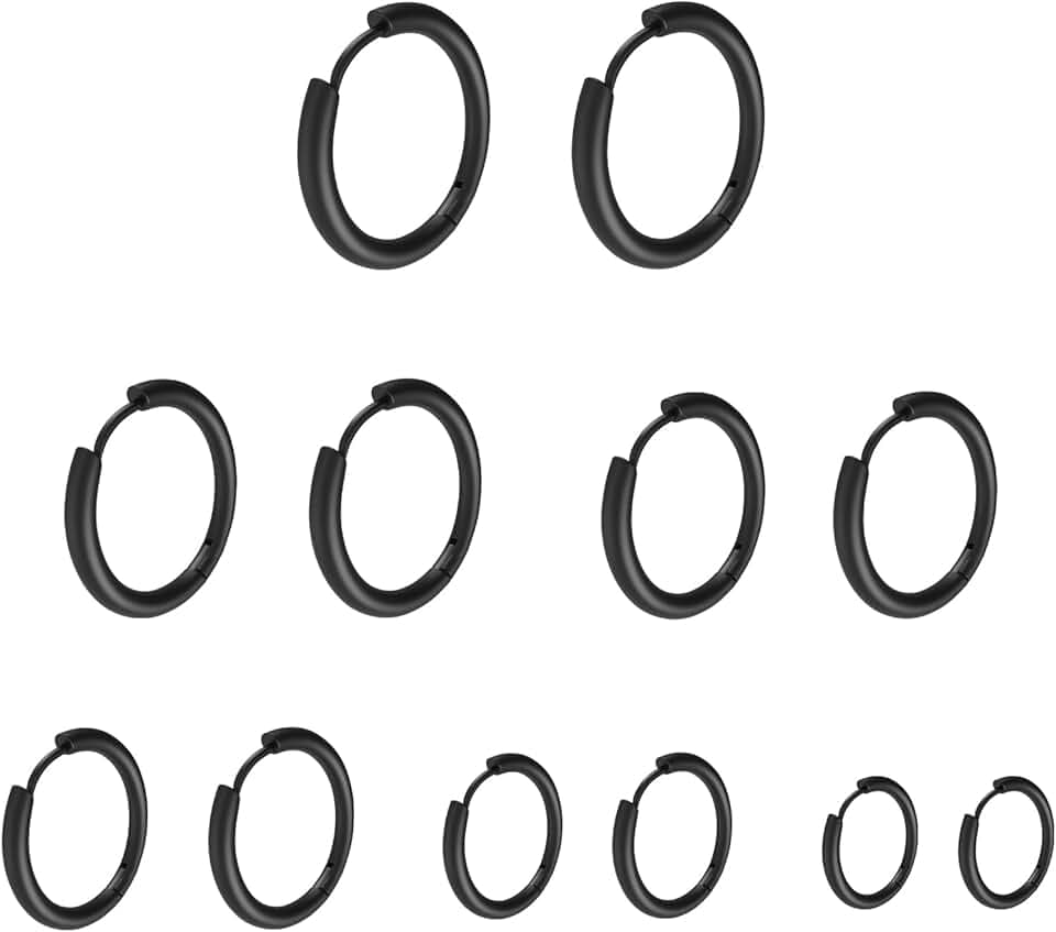 Bomtop 6 Paia Orecchini Acciaio Inossidabile di Orecchini Cerchio Piccoli per Uomini e Donne Ipoallergenici Set di Orecchini 8-18 mm (Nero)