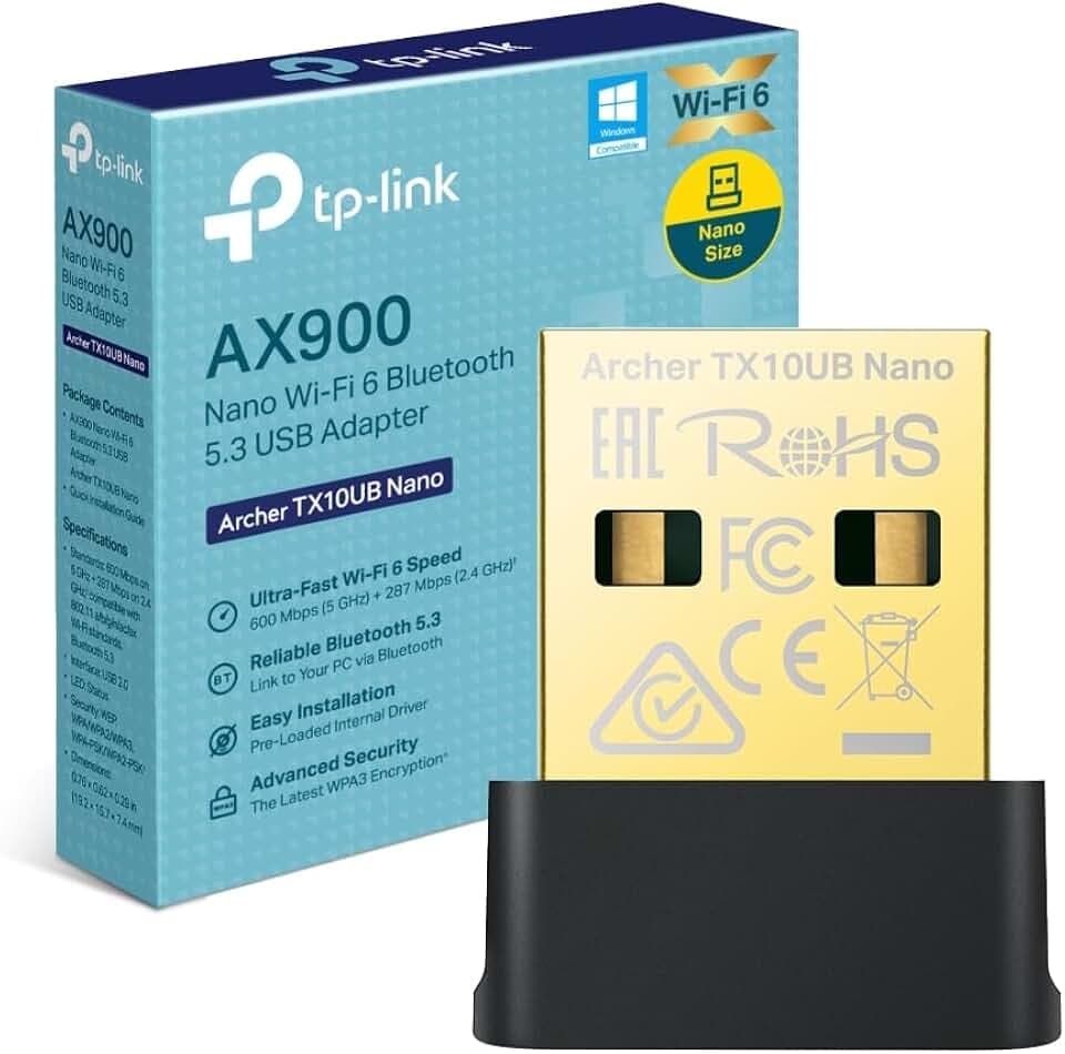 TP-Link AX900 WiFi 6 WiFi USB, Bluetooth 5.3, Chiavetta WiFi per PC Fisso, Dual Band 5GHz 600Mbps + 2.4 GHz 286 Mbps, Supporta Windows 11/10, Design Nano, MU-MIMO, OFDMA, WPA3, Archer TX10UB Nano