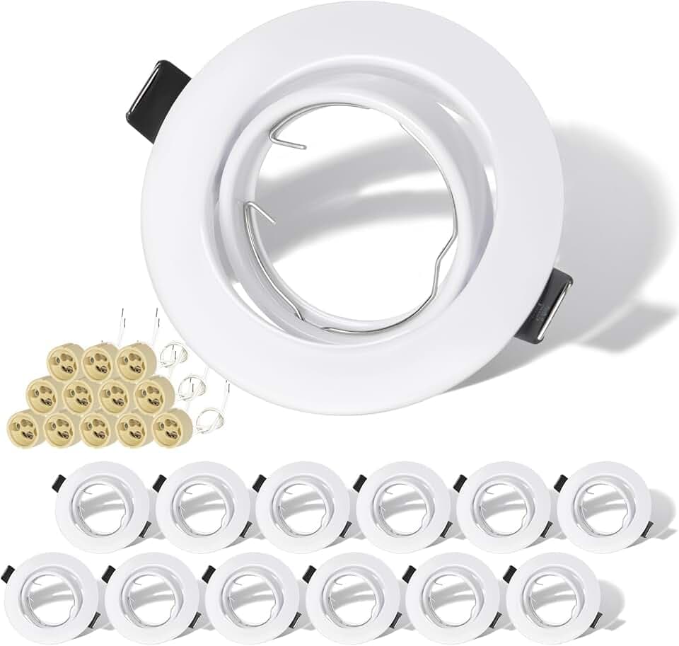 Set di 12 Faretti LED da Incasso per Cartongesso, Rotondi Bianchi Orientabili a 30° con Portalampada GU10, Compatibili con Lampadine LED e Alogene da 50mm, Cornice Portafaretto per Soffitto
