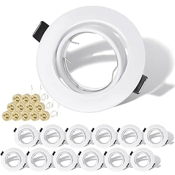 Set di 12 Faretti LED da Incasso per Cartongesso, Rotondi Bianchi Orientabili a 30° con Portalampada GU10, Compatibili con Lampadine LED e Alogene da 50mm, Cornice Portafaretto per Soffitto