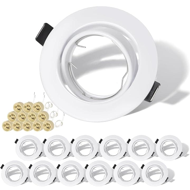 Set di 12 Faretti LED da Incasso per Cartongesso, Rotondi Bianchi Orientabili a 30° con Portalampada GU10, Compatibili con Lampadine LED e Alogene da 50mm, Cornice Portafaretto per Soffitto