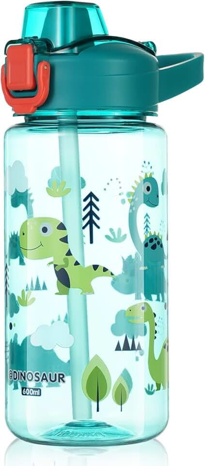 flintronic Borraccia Bambini, 600ML Borraccia per Bambini Senza BPA, Bottiglia Acqua con Cannuccia, Bottiglia d'Acqua a Prova di Perdita, Regalo per Bambini (Dinosauro)