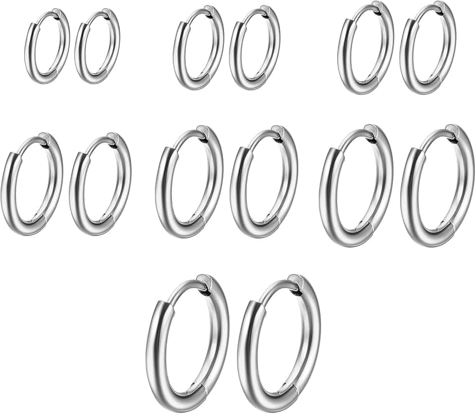 WHHVCTY 7 Paia Orecchini Argento a Cerchio per Uomini E Donne - Acciaio Inossidabile Piccoli 8-20 mm
