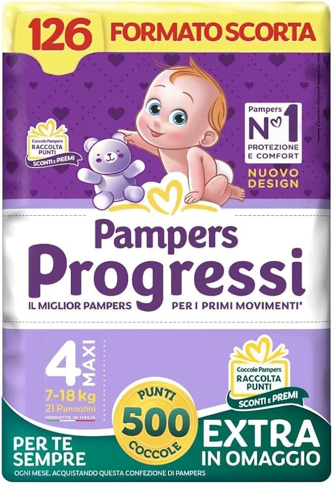 Pampers Progressi Maxi, Taglia 4 (7-18 kg), Formato Scorta, Indicatore di Bagnato, Pelli Delicate, Linguette Rinforzate, Anti-Fuoriuscite, 126 Pannolini Bambino + 500 Punti Omaggio