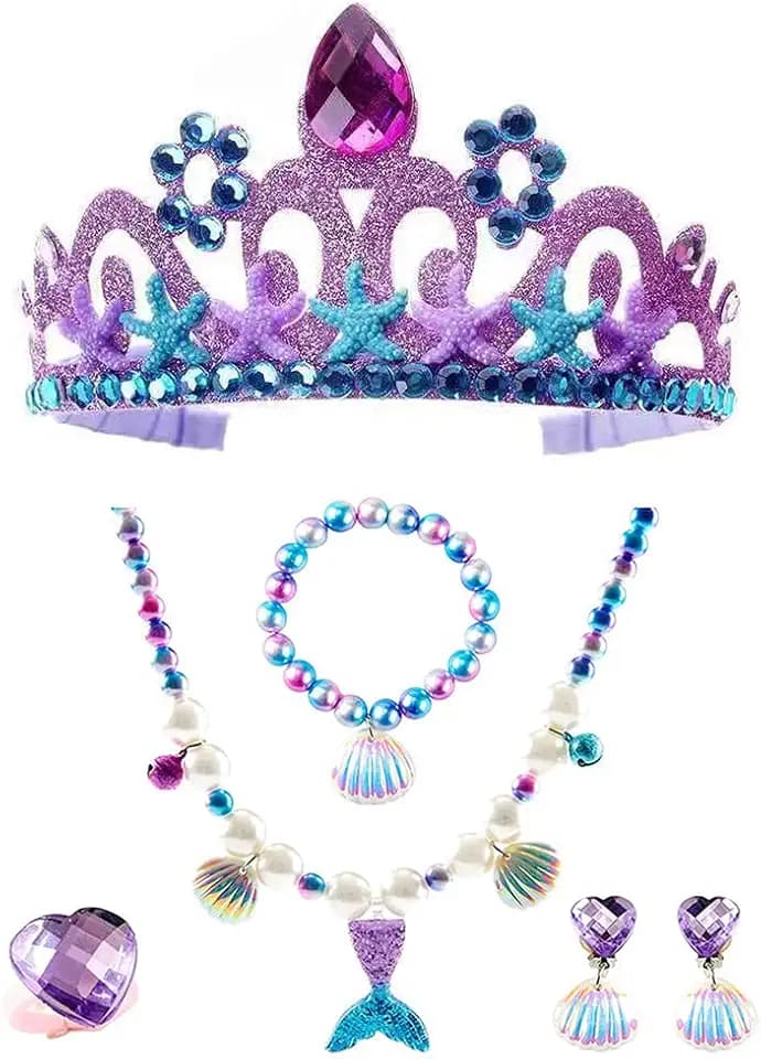 Qanye 6 Pezzi Collana Bambina, Gioielli per Pambini Collana Set, Accessorio per Costume da Principessa, Accessori per Vestire la Sirena Set, Compreso Corona, Orecchini, Collane, Bracciali, Anelli