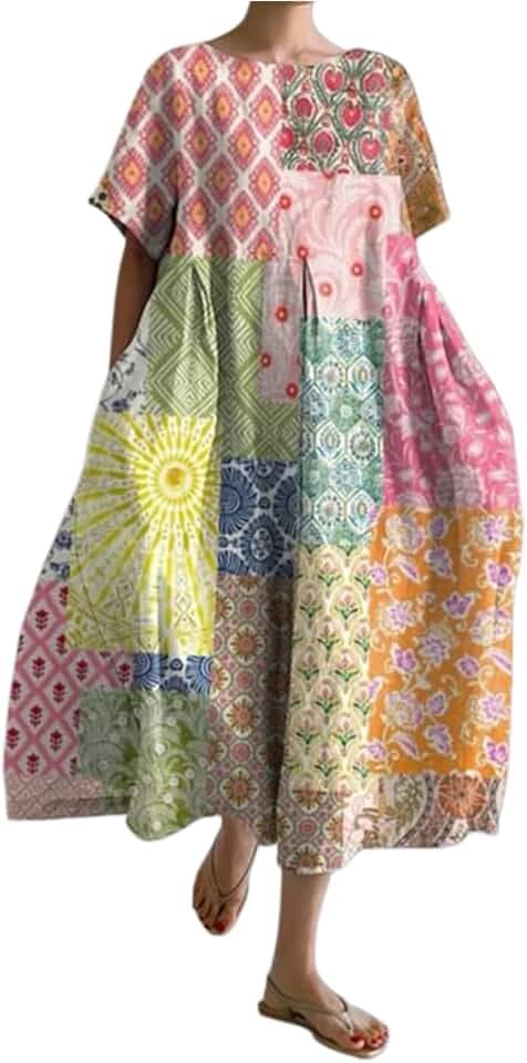 Vestito da Donna a Collo Tondo Lungo Casual Abito Estivo con Stampa Vacanza di Strada Abito a Maniche Corte(Rosa,as6,Alpha,m,Regular,Regular)