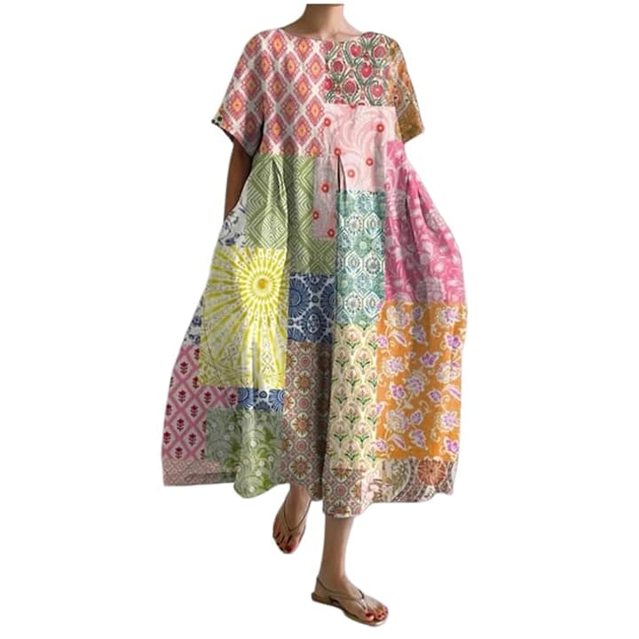 Vestito da Donna a Collo Tondo Lungo Casual Abito Estivo con Stampa Vacanza di Strada Abito a Maniche Corte(Rosa,as6,Alpha,m,Regular,Regular)