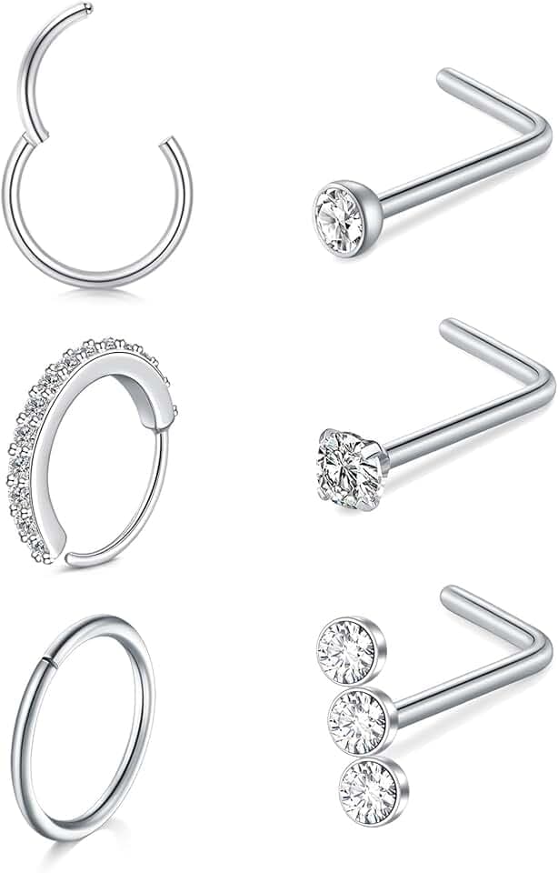 LAURITAMI 6 Pezzi 20G Piercing Naso Acciaio Inossidabile,Cerchio Anello Septum Clicker 8mm 10mm e L Forma Vite Forma Piercing Naso Oro Argento Brillantino Con Zirconi Gioielli per Donne Uomini