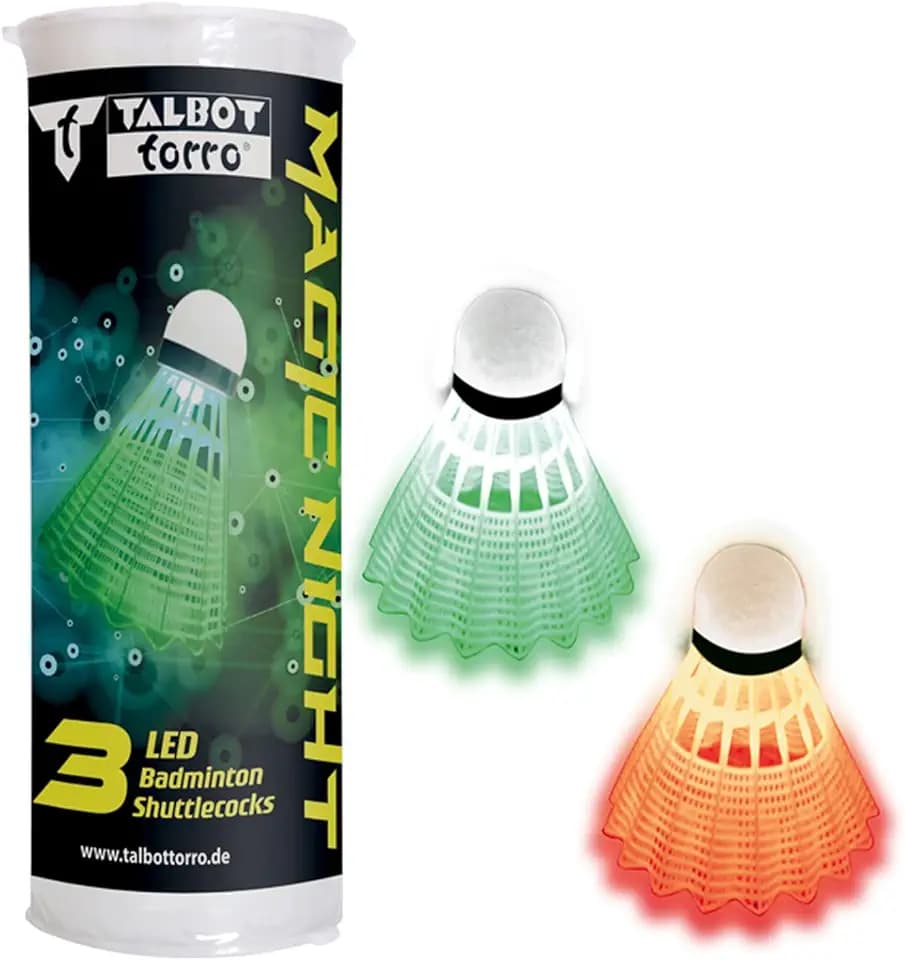 Talbot Torro Badminton Ball Magic Night LED, Palla in plastica con Luce LED, Durata Circa 48 Ore, Confezione da 3, Colore: Bianco e Giallo, per Interni ed Esterni e per Giocare al Buio, 479123