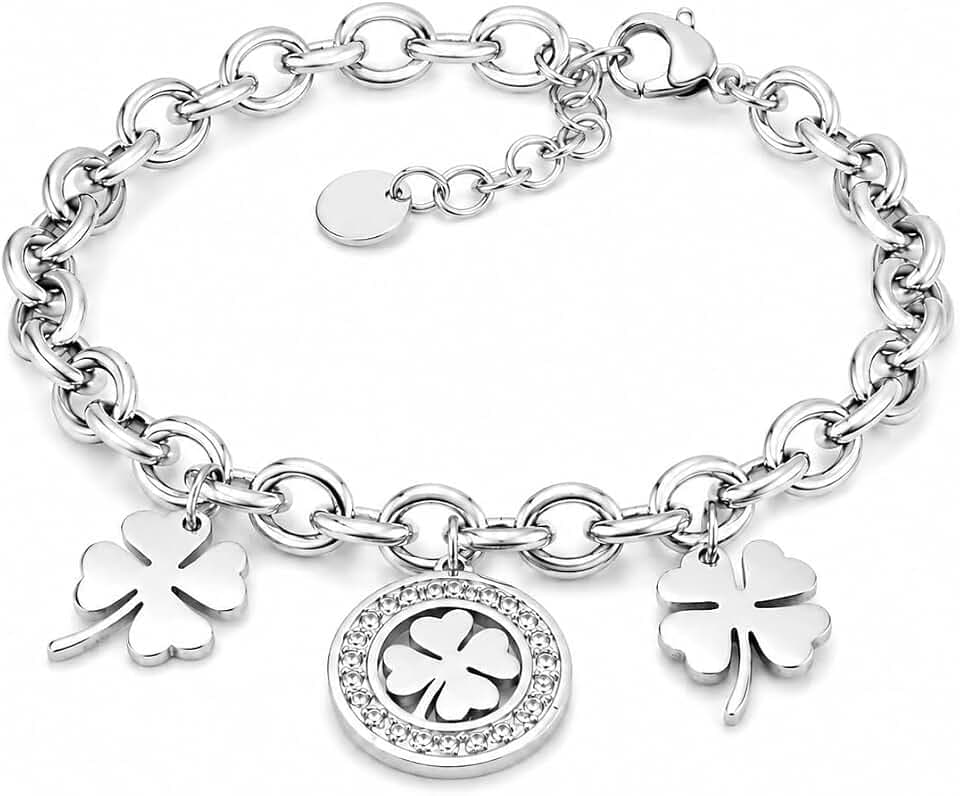 SAGA GIOIELLI Bracciale Donna Stella Cuore Quadrifoglio Albero Della Vita Portafortuna Acciaio