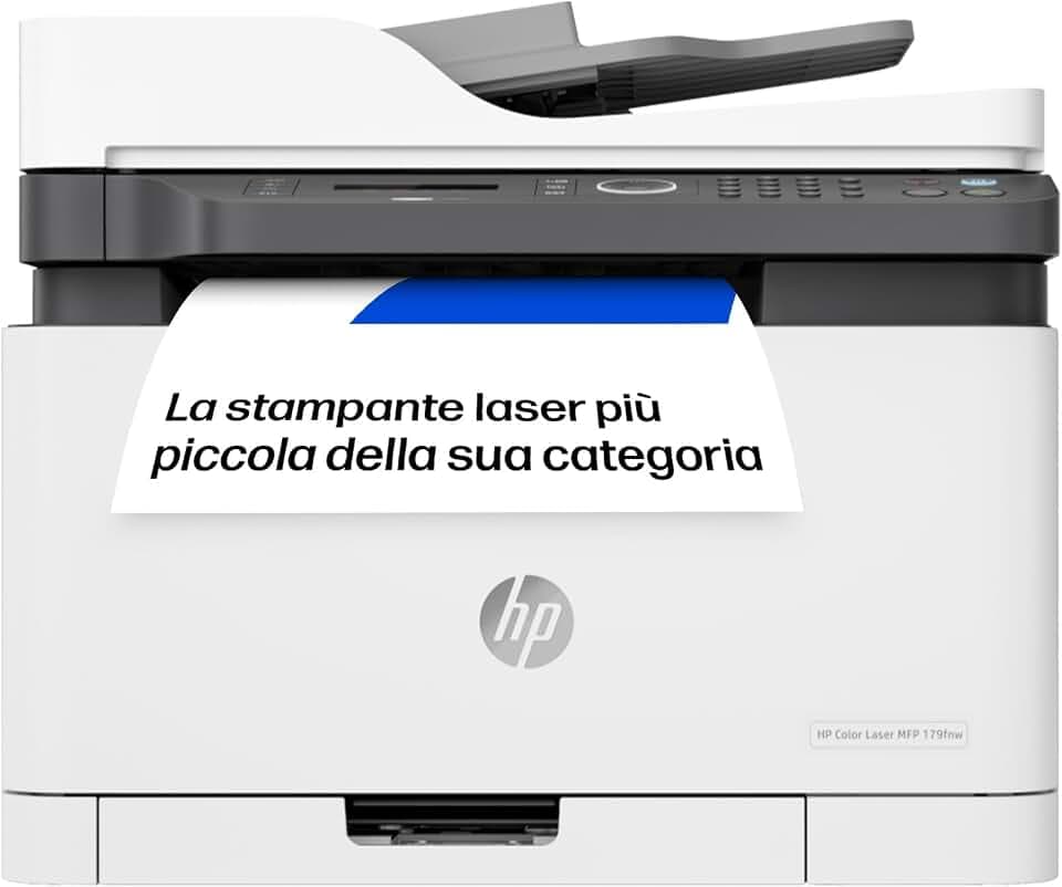 HP Color Laser MFP 179fnw 4ZB97A, Stampante Multifunzione A4 a colori, Stampa, Copia, Scansiona, ADF, Fax, Wi-Fi, Wi-Fi Direct, Ethernet, HP Smart, USB 2.0, 18 ppm in b/n, 4 ppm, Bianca