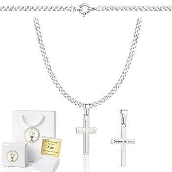 ZELYA Collana in argento 925 con croce a maglia barbazzale per ragazze e ragazzi – 45 – 60 cm catena comunione con croce, catena per bambini per comunione e battesimo, confezione regalo con incisione