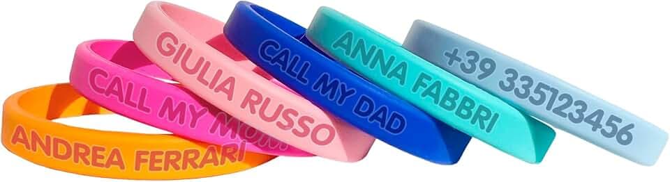 Stellasticker Braccialetto SOS personalizzabile per bambini con nome e numero di telefono, resistente, impermeabile, senza inchiostro. Ideale al mare, vacanze e gite. Diversi colori e dimensioni