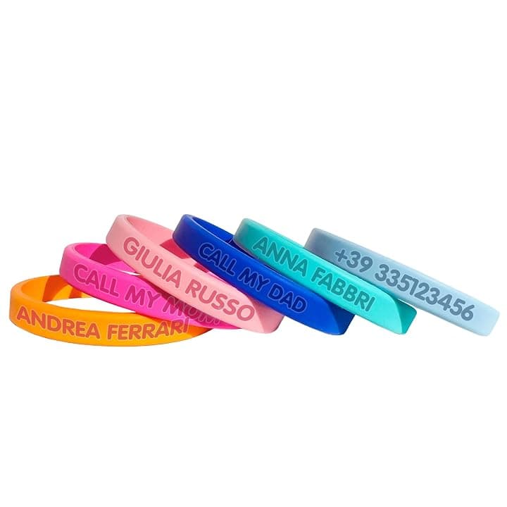 Stellasticker Braccialetto SOS personalizzabile per bambini con nome e numero di telefono, resistente, impermeabile, senza inchiostro. Ideale al mare, vacanze e gite. Diversi colori e dimensioni