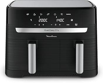 Moulinex Dual Easy Fry, Friggitrice ad Aria con Doppio Cestello XL, 8.3 L/2.2Kg, Capacità fino a 6-8 Persone, Doppia Resistenza Superiore, 7 Programmi, App Ricette, Lavabile in Lavastoviglie, EZ9018