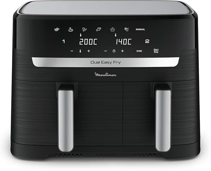 Moulinex Dual Easy Fry, Friggitrice ad Aria con Doppio Cestello XL, 8.3 L/2.2Kg, Capacità fino a 6-8 Persone, Doppia Resistenza Superiore, 7 Programmi, App Ricette, Lavabile in Lavastoviglie, EZ9018