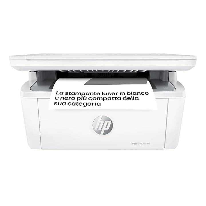 HP LaserJet M140w 7MD72F, Stampante Multifunzione Laser A4, Monocromatica, Stampa Fronte e Retro Manuale in Bianco e Nero, 20 ppm, Wi-Fi, Smart, Bianca Blue Angel