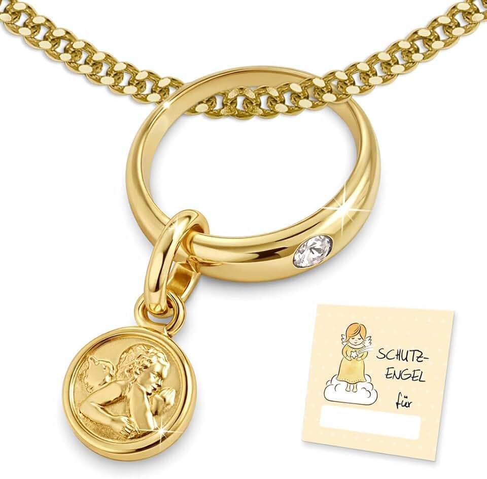 CLEVER SCHMUCK Collana per battesimo in oro con angelo custode e anello bianco, catenina a maglie da 36 cm in argento sterling dorato 925, in una confezione per il battesimo