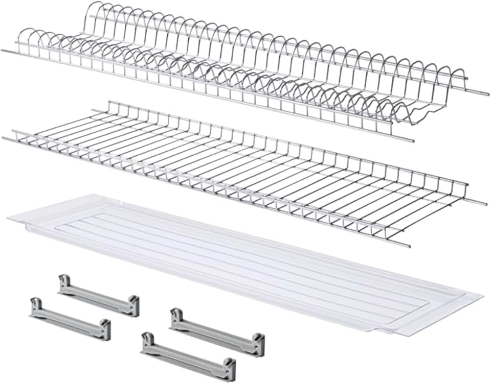 MAKKIORI Kit Scolapiatti | Griglia piatti e bicchieri con Vaschetta Raccogligoccie per Pensili Cucina | Acciaio cromo | Kit con Staffe (86 cm per pensile 90)