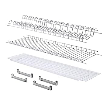 MAKKIORI Kit Scolapiatti | Griglia piatti e bicchieri con Vaschetta Raccogligoccie per Pensili Cucina | Acciaio cromo | Kit con Staffe (86 cm per pensile 90)