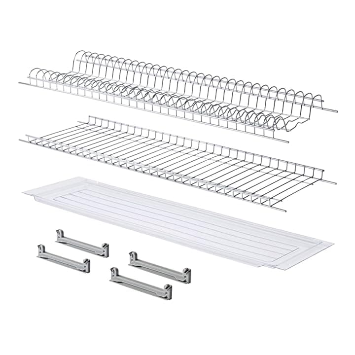 MAKKIORI Kit Scolapiatti | Griglia piatti e bicchieri con Vaschetta Raccogligoccie per Pensili Cucina | Acciaio cromo | Kit con Staffe (86 cm per pensile 90)