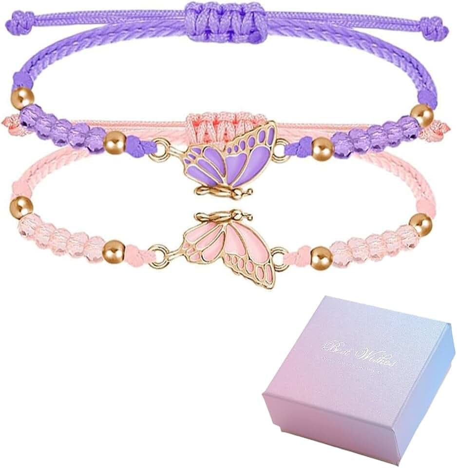 DIFLAX 2 Pezzi Braccialetti Dell'amicizia con Farfalla Braccialetto del Migliore Amico per Ragazze Filo Regolabile Braccialetti BFF con Pendente a Farfalla Regali per Donne Coppie e Amici (Viola+Rosa)