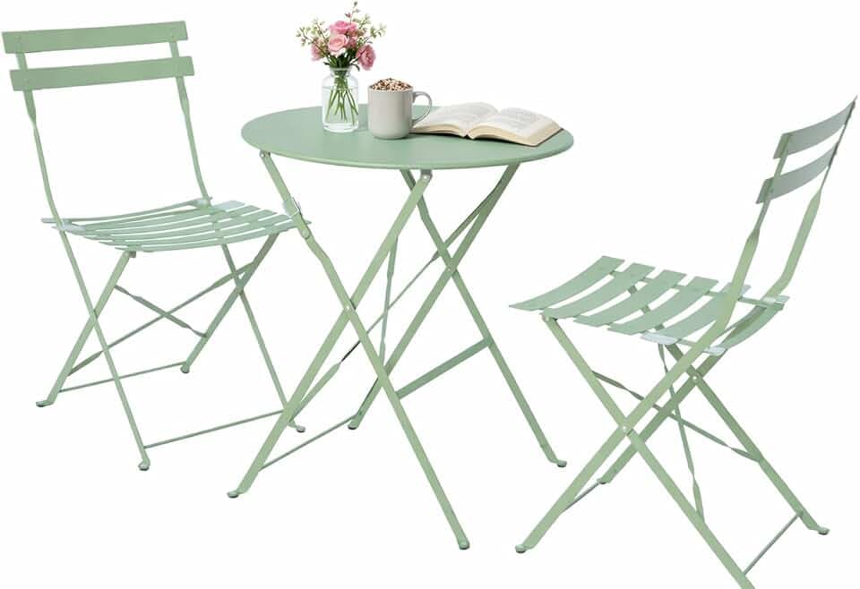Set Cortina Bistrot da Giardino – Tavolo Rotondo e 2 Sedie Pieghevoli in Acciaio, Colore Verde, Design Elegante per Balcone, Terrazzo Giardino e Veranda