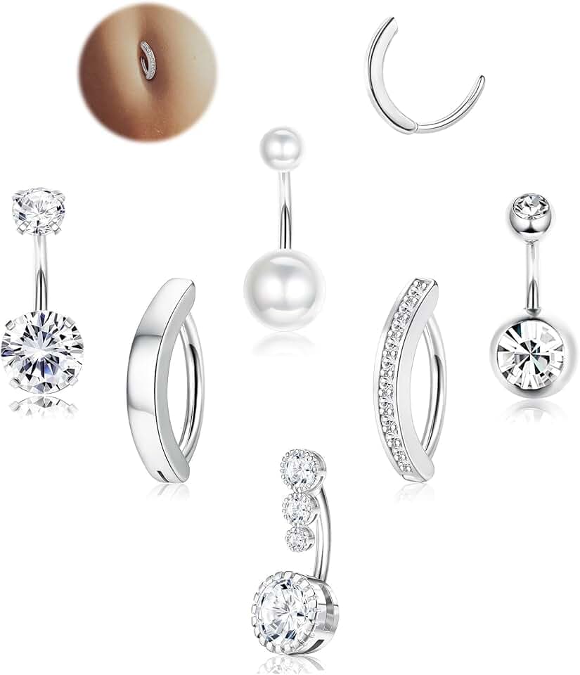 FIOROYAL 6Pezzi Piercing Ombelico per Donna, 14G Ombelico Piercing Acciaio Chirurgico, Argento Oro Piercing Ombelico Anallergico, CZ Perla Clicker Barbell Piercing Ombelico Anello Set