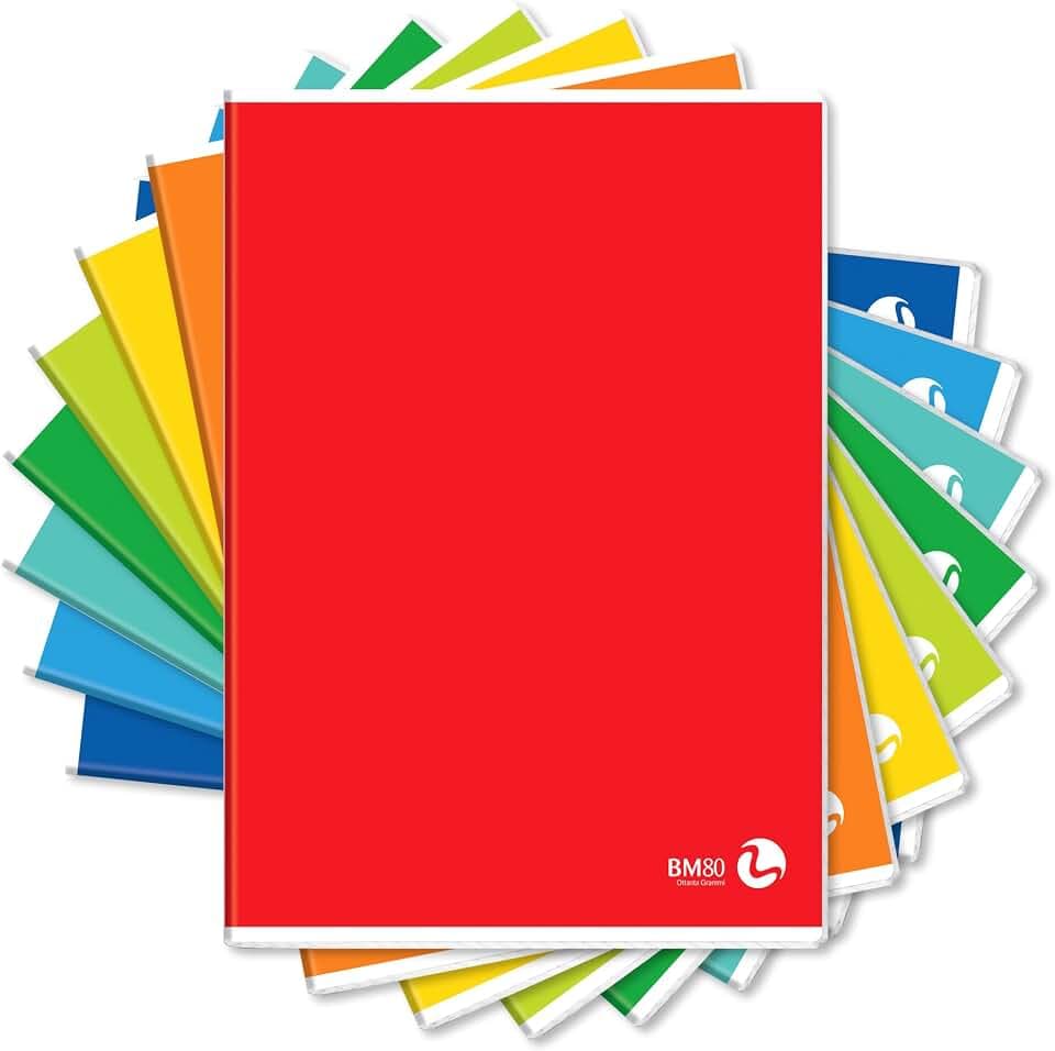 Bm - BeMore – Color Basic 0110603 – Quaderno Formato A4 (21Cm X 29,7Cm) – Rigatura 5Mm – Quadretti 5 Mm Senza Margini Per Elementari E Medie– Carta 80G/Mq – Colori Assortiti – Confezione Da 10 Pezzi