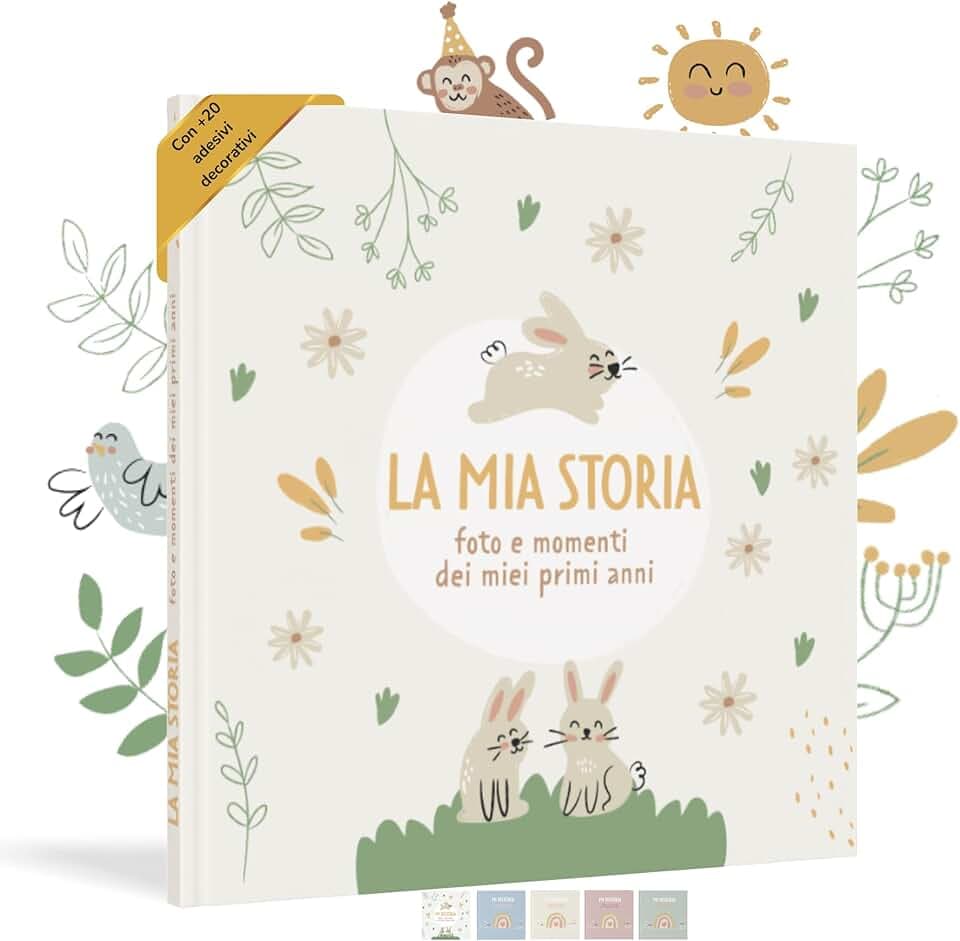 HuBorns - Album Nascita Bambina e Bambino per Incollare Foto e Scritte con +50 Pagine e Adesivi, Album Fotografico Neonato per il Primo Anno fino a 5 Anni, Ideale per Regalo Nascita