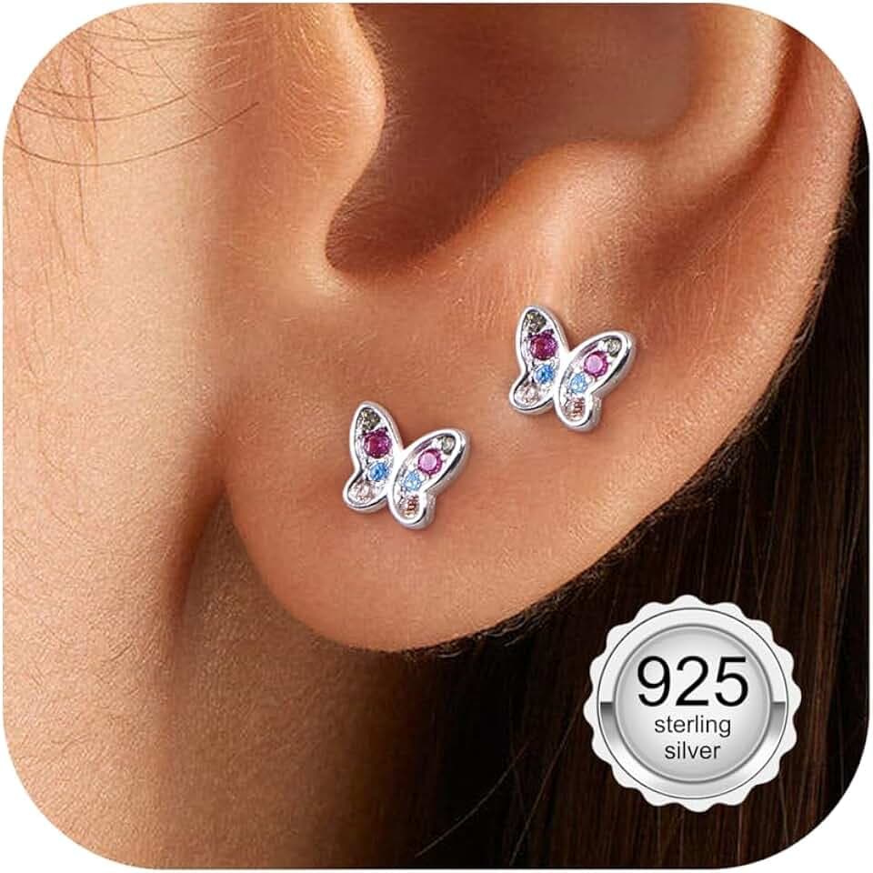 ADRAMATA Orecchini Bambina Argento 925 Orecchini con Borchie Orecchini Ragazza Donna Carino Orecchini a Farfalla Fiore Stella Cuore Piccolo Orecchini Bambina Anallergici Gioielli Bambina