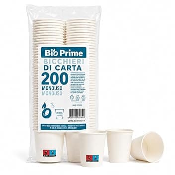 Bio Prime - 200pz - Bicchieri Acqua in Carta 200ml - Bicchieri 200ml Biodegradabili - Per Bevande Calde, Acqua e Bibite - Bicchieri Usa e Getta.