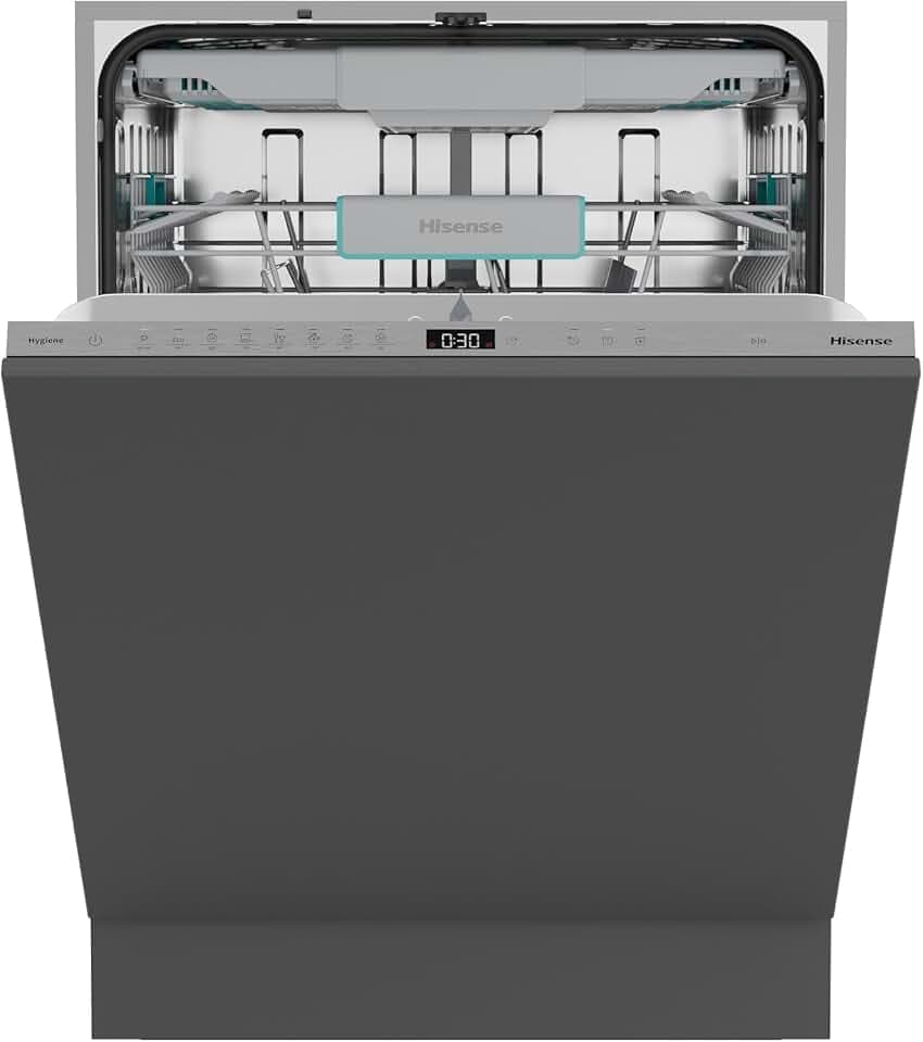 Hisense HV16A Lavastoviglie da Incasso, 16 Coperti, Terzo Cesto Flessibile, 8 Programmi, Motore Inverter Silenzioso, Intensive Clean Zone, Touch Control, 43 DB, Classe A, Stainless Steel Etichetta Energetica