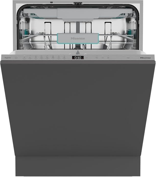 Hisense HV16A Lavastoviglie da Incasso, 16 Coperti, Terzo Cesto Flessibile, 8 Programmi, Motore Inverter Silenzioso, Intensive Clean Zone, Touch Control, 43 DB, Classe A, Stainless Steel Etichetta Energetica