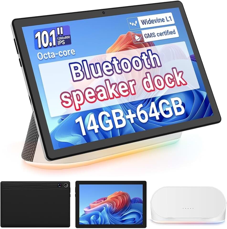 Whitedeer Tablet con Dock Altoparlante Bluetooth, Tablet Android Octa-Core, Ricarica Wireless, 14GB RAM+64GB ROM+1TB Memoria Espandibile, 1280×800P, 5MP+8MP, 5000mAh