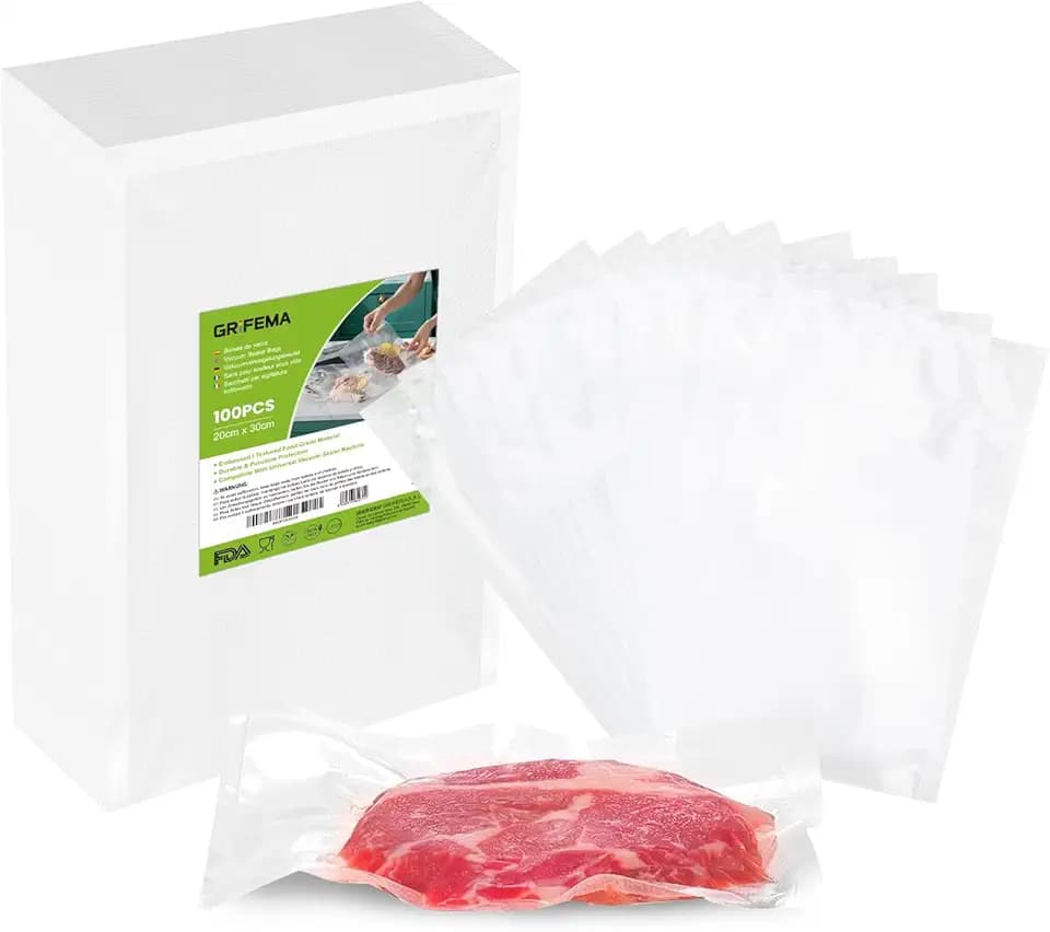 GRIFEMA GH80 Sacchetti Sottovuoto per Alimenti, 100 Buste 20x30 cm, Compatibili con Tutte le Macchine Sottovuoto, Senza BPA & Materiale Sicuro, Conservazione Lungo Termine Global Recycled Standard
