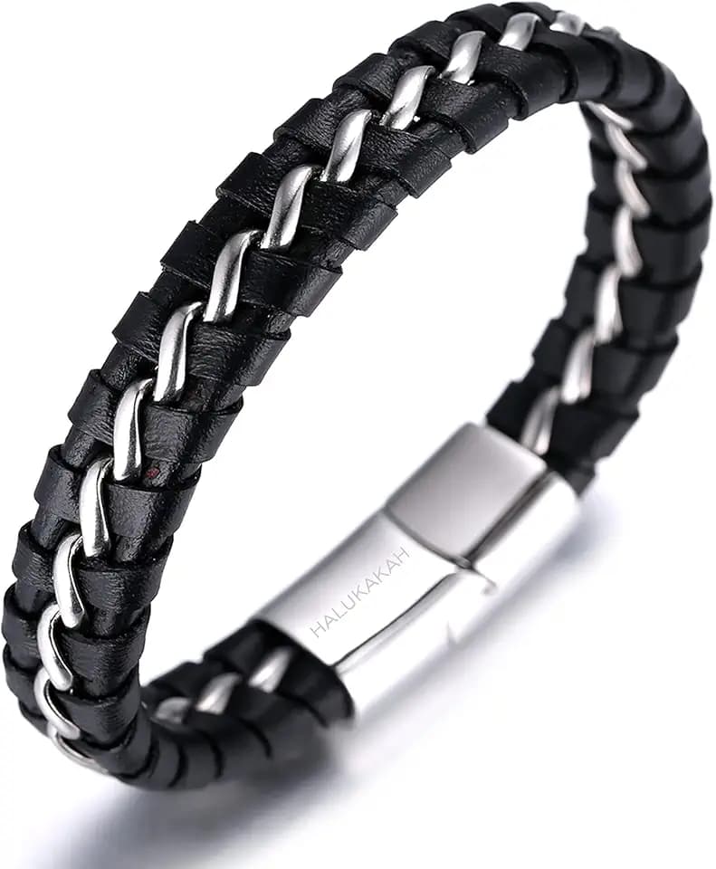 HALUKAKAH Bambini ● Solo Junior ● Bracciale Ragazzo Maschio Vera Pelle Cuoio Nero 6-12+3 Anni Catena Titanio Acciaio Argento Chiusura Magnetica Taglia Regolabile 18-19.5cm con Pacco Regalo Gratuita