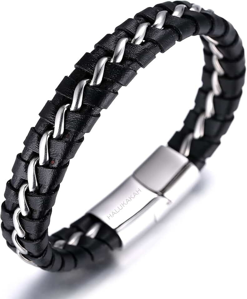 HALUKAKAH Bambini ● Solo Junior ● Bracciale Ragazzo Maschio Vera Pelle Cuoio Nero 6-12+3 Anni Catena Titanio Acciaio Argento Chiusura Magnetica Taglia Regolabile 18-19.5cm con Pacco Regalo Gratuita