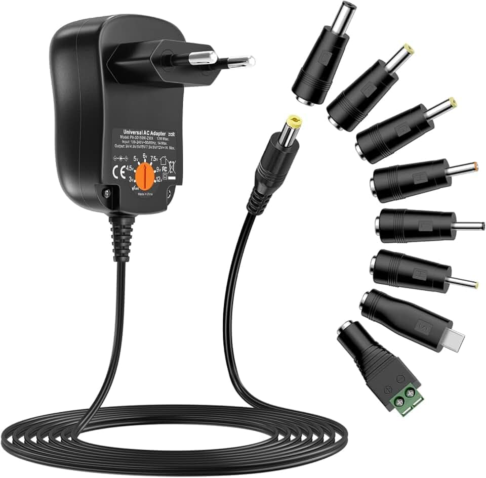 Alimentatore universale da 12 W, 3 V, 4,5 V, 5 V, 6 V, 7,5 V, 9 V, 12 V, 1 A, AC DC, con 8 connettori DC per altoparlanti, fotocamera, lampada e più elettronica domestica, 1000 mA.