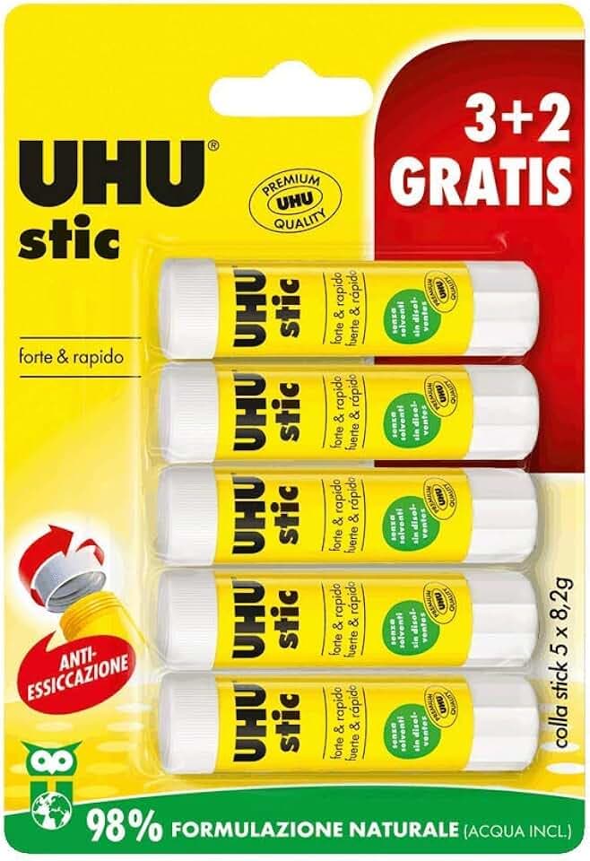 UHU Stic 5x8.2g colla per bambini, sicura da usare per i lavoretti, adatta per la scuola, l'ufficio, l'università