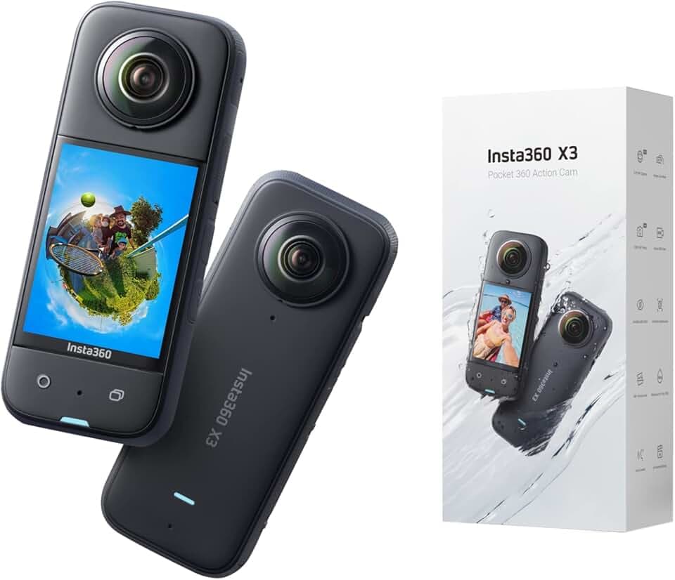 Insta360 X3, Action cam 360 con video HDR Active 360 5.7K, obiettivo singolo 4K, impermeabile, stabilizzazione FlowState, touchscreen da 2,29", editing con IA, per moto, sport invernali e video blog